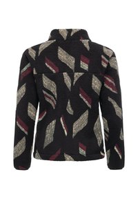 Fleece-Pullover mit hoher Kragen, ausgestattet mit einem mehrfarbigen geometrischen Muster auf schwarzem Hintergrund. Weiche Textur und lässige Passform.