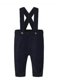 Salopette in maglia blu navy con bretelle incrociate, polsini a coste e dettagli con bottoni in vita. Tessuto morbido, design aderente, gambe lunghe.