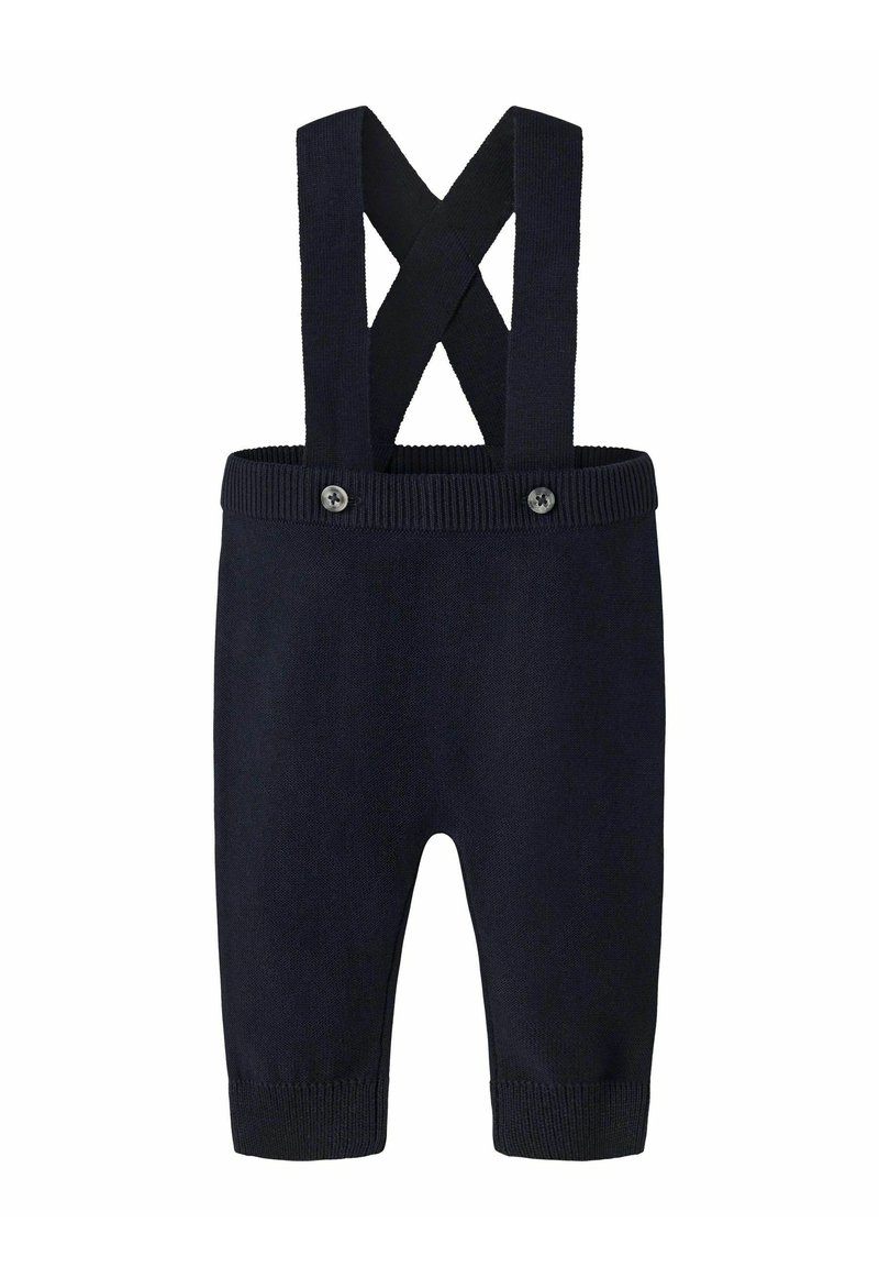 Salopette in maglia blu navy con bretelle incrociate, polsini a coste e dettagli con bottoni in vita. Tessuto morbido, design aderente, gambe lunghe.