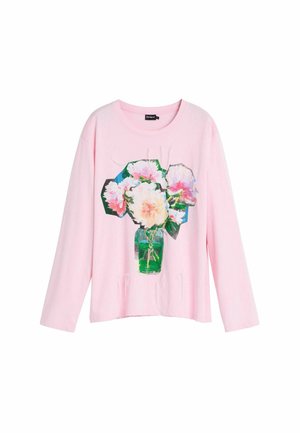 Maglietta a maniche lunghe rosa chiaro con stampa floreale di peonie in un vaso verde, vestibilità comoda e tessuto morbido in cotone.