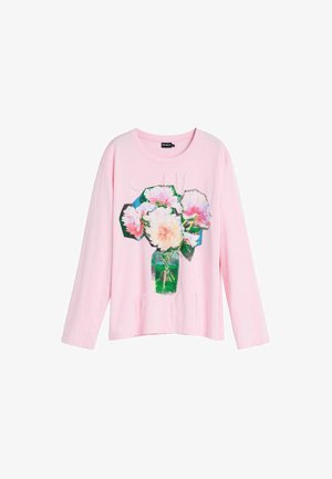 Maglietta a maniche lunghe rosa chiaro con stampa floreale di peonie in un vaso verde, vestibilità comoda e tessuto morbido in cotone.