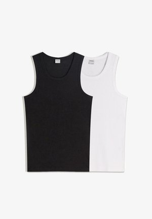 Pack mit zwei ärmellosen Tanktops mit Rundhalsausschnitt, eines schwarz und eines weiß, flach auf weißem Hintergrund liegend.
