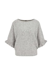 Pull en maille grise avec un large décolleté, des manches trois-quarts à poignets volantés et une coupe décontractée. Tissu doux et texturé.
