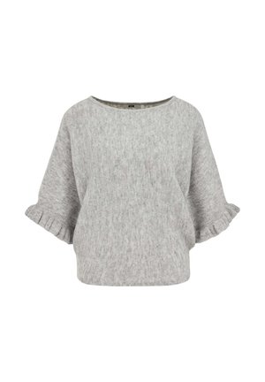Pull en maille grise avec un large décolleté, des manches trois-quarts à poignets volantés et une coupe décontractée. Tissu doux et texturé.