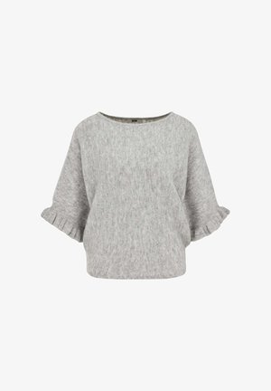 Grauer Strickpullover mit weitem Ausschnitt, dreiviertel Ärmeln mit gerafften Bündchen und lockerem Schnitt. Weicher, strukturierter Stoff.