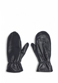 Črne usnjene rokavice z gladko teksturo, elastičnimi zapestniki in preprosto, zaobljeno obliko. Namenjene so toploti in udobju.