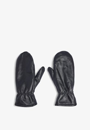 Zwarte leren wanten met een gladde textuur, elastische polsbanden en een eenvoudige, ronde vorm. Ontworpen voor warmte en comfort.