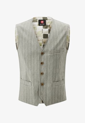 Helle graue Weste mit weißen Streifen, fünf Knöpfen, Reverskragen und zwei Vorderfächern. Gefüttert mit einem gemusterten Stoff in gedämpften Farben.