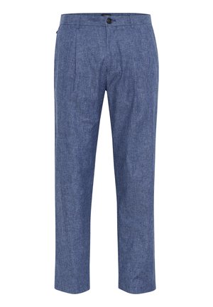 Modré chambray nohavice s voľným strihom, s predn�ým záhybom, bočnými vreckami a jedným gombíkom na zapínanie v páse.