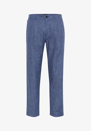 Blaue Chambray-Hosen mit entspannter Passform, mit einer vorderen Falte, seitlichen Taschen und einem einzigen Knopfverschluss am Bund.