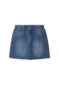 Denim krilo v srednji modri barvi s ravnim krojem, visokim pasom in raztrganim robom. Ima dve sprednji žepki in gumbasto zapiranje.