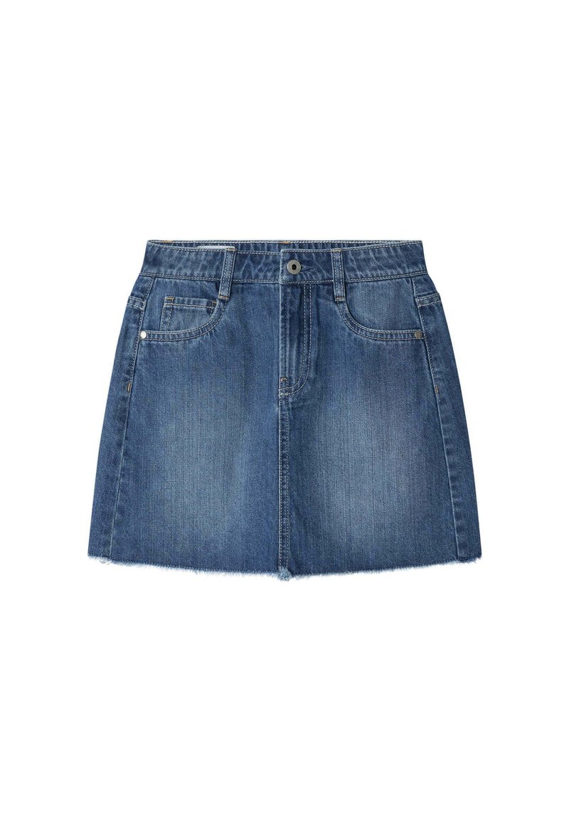Denim krilo v srednji modri barvi s ravnim krojem, visokim pasom in raztrganim robom. Ima dve sprednji žepki in gumbasto zapiranje.