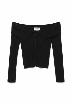 Top nero a costine con design off-the-shoulder, ampio colletto e chiusura con bottoni sul davanti. Maniche lunghe e forma aderente.