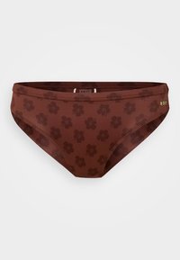 Braune Bikini-Unterteile mit floralem Muster, aus dehnbarem Material gefertigt. Bieten eine glatte Textur und Roxy-Branding in Gelb.