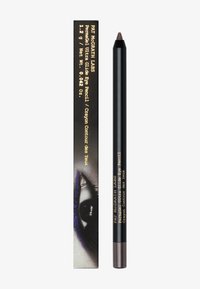 Matita occhi nera con punta affilata, mostrata accanto a una scatola nera con testo dorato e una grafica drammatica di un occhio.