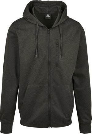 Sort zip-up hoodie i blødt stof med en kængurulomme, snørehætte og en lille brystlomme med lynlås.