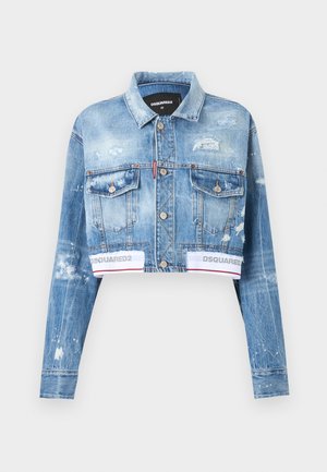 Blauwe cropped spijkerjas met verweerde details, knoopsluiting aan de voorkant, borstzakken en een witte elastische zoom met "DSQUARED2"-logo.