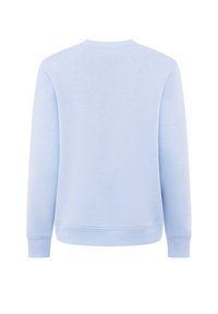 Jasnoniebieski sweter z okrągłym dekoltem, długimi rękawami i ściągaczami na końcach. Gładka tekstura bez widocznych wzorów czy detali metalowych.