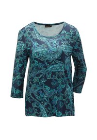 Langsleeve top in donkerblauwe stof met ingewikkelde aquamarijn en teal paisley patronen, ronde halslijn en een relaxed fit.
