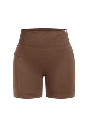 Brązowe, elastyczne szorty z wysokim stanem, z szerokim żeberkowanym pasem i kieszenią po lewej stronie uda.