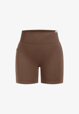 Pantalones cortos elásticos marrones de cintura alta con una amplia cintura de canalé y un bolsillo lateral en el muslo izquierdo.