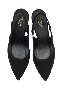 Mustad seemisnahast slingback kontsakingad terava ninaosaga, sees võimeline nahast vooder, ja kuldse logoga. Omavad reguleeritavat rihma kindlaks istuvuseks.