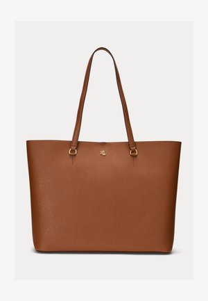 Braune Ledertasche mit zwei Griffen und kleinem goldfarbenem "RL"-Logo mittig vorne.