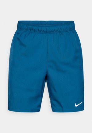 Nike kraťasy v jednolité tyrkysové barvě, vyrobené z hladkého, lesklého materiálu. Mají elastický pas a bílý logo na spodní části nohavice.