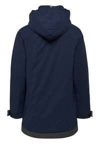 Granatowa wodoodporna kurtka z kapturem, z długimi rękawami, regulowanymi mankietami i prostym krojem. Miękka faktura, minimalistyczny design, bez widocznych wzorów.