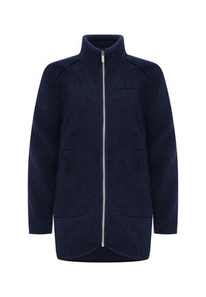 Marineblauwe fleecejas met een hoge kraag, ritssluiting aan de voorkant en twee grote zakken. Zachte textuur met een subtiel, gevarieerd patroon.