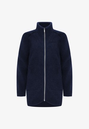 Marineblauwe fleecejas met een hoge kraag, ritssluiting aan de voorkant en twee grote zakken. Zachte textuur met een subtiel, gevarieerd patroon.