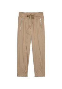 Beige broek met een elastische tailleband en verstelbaar trekkoord; voorzien van twee ritszakken aan de zijkant en een ontspannen, rechte pasvorm.