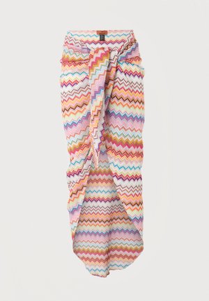 Jupe portefeuille colorée à motif zigzag avec détail noué à l'avant, réalisée en tissu léger texturé.