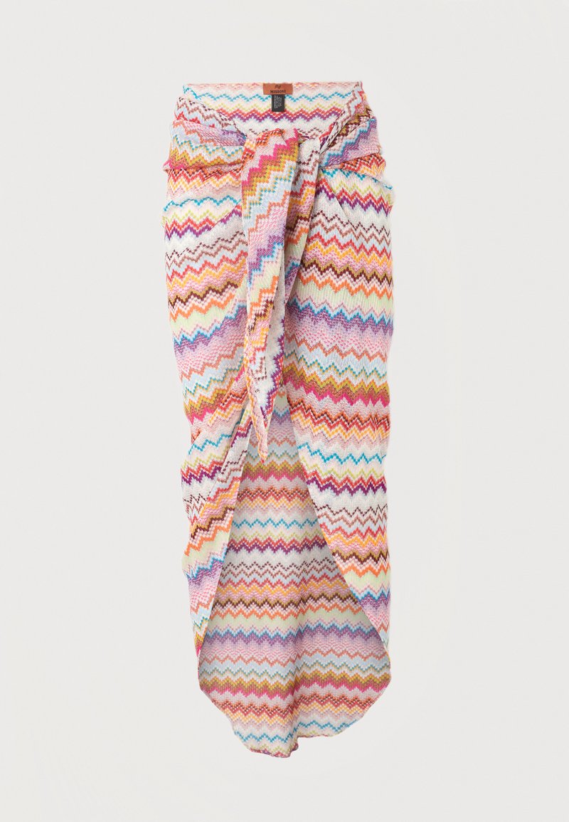 Χρωματιστή φούστα με ζιγκ-ζαγκ σχέδιο, τύπου wrap, με λεπτομέρεια δέσιμου μπροστά, κατασκευασμένη από υφή ελαφρύ ύφασμα.