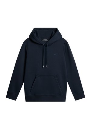 Marinblå huvtröja i mjukt bomullsmaterial, med känguruficka, snörning i huvan och diskret logotypdetalj på bröstet.