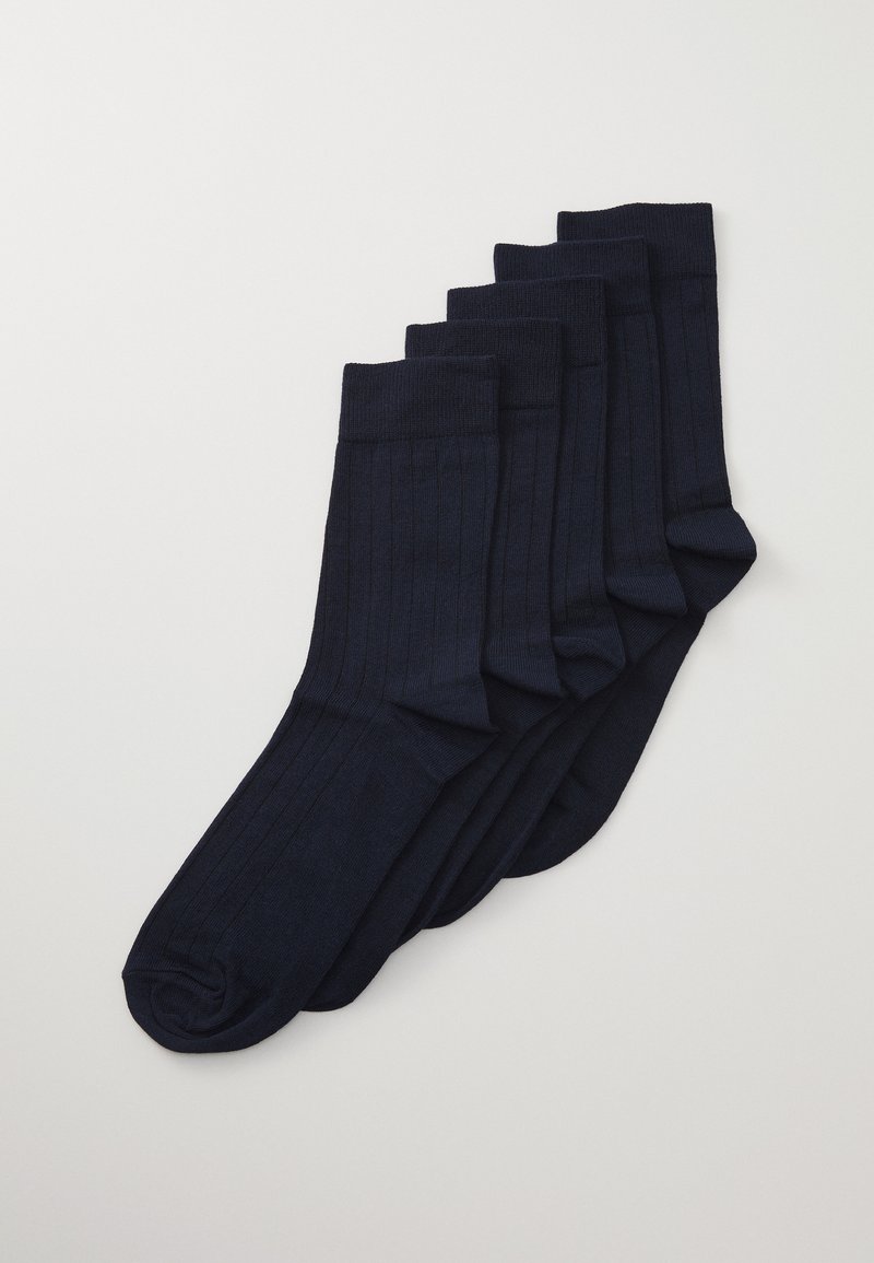 Navy ribbed crew socks, cotton blend, five pairs bundled together, featuring a soft texture and smooth finish.