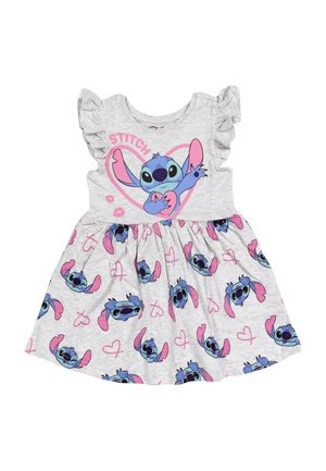 Szara sukienka z krótkim rękawem i falbaniastymi rękawami, z niebieską grafiką postaci nad różowym sercem oraz powtarzającymi się nadrukami postaci na spódnicy.