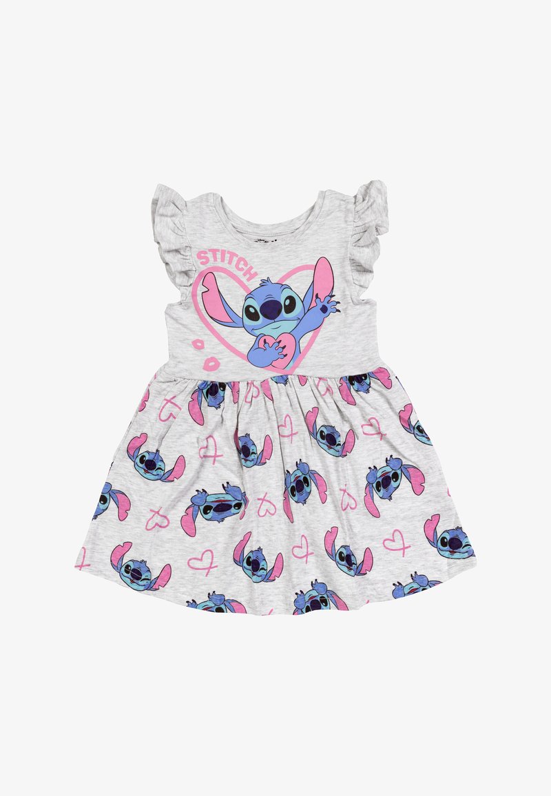 Šedé šaty s krátkým rukávem a volánkovými rukávy, s modrou postavičkou nad růžovým srdcem a opakujícími se potisky postaviček na sukni.