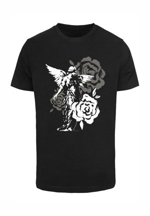 Schwarz Baumwoll-T-Shirt mit einem weißen Grafikdesign eines Engels mit Flügeln, umgeben von stilisierten Rosen in Grau und Weiß. Kurze Ärmel, Rundhalsausschnitt.