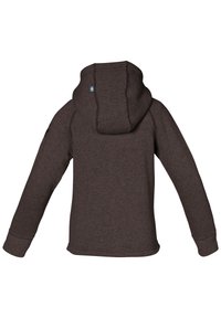 Brun huvtröja med en stor, justerbar huva. Har en liten blå och gul flagga på baksidan. Mjuk, texturerad tyg; långa ärmar.