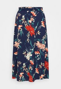 Marinblå blommig kjol av lättviktsmaterial, med röda och krämfärgade blommor samt gröna accenter; elastisk midja för komfort och passform.