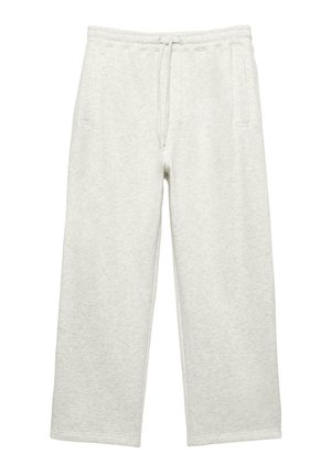 Pantalons de survêtement gris clair en tissu doux, dotés d'une taille élastique avec cordon de serrage, de deux poches latérales et d'un design à jambes larges.