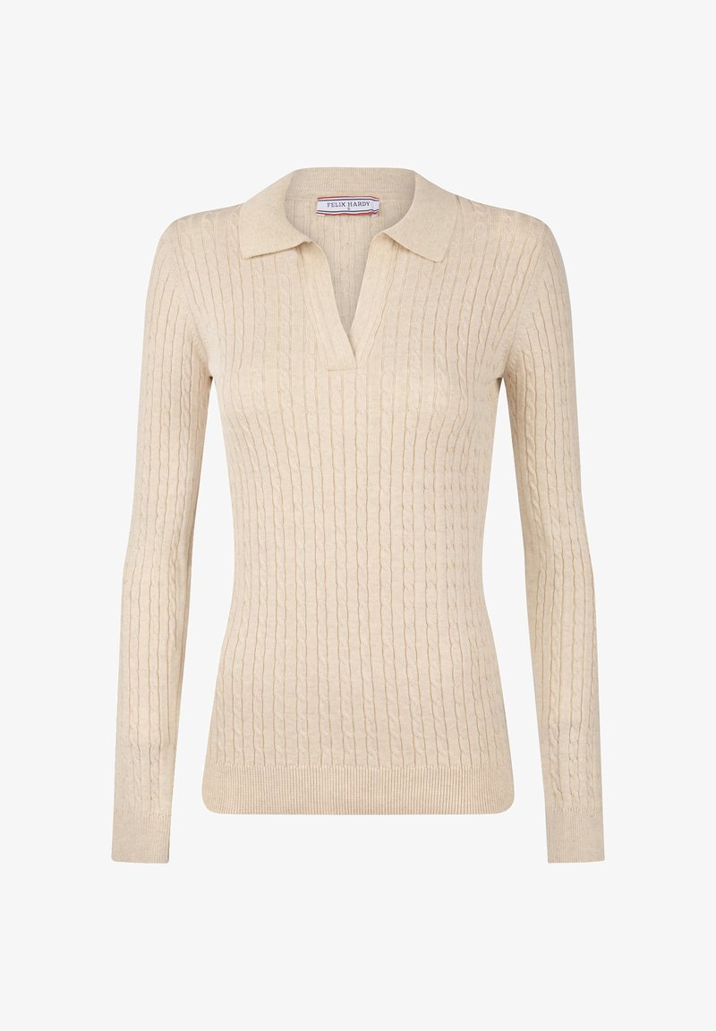Beige pikkade varrukatega polo-sviiter, millel on ribatud tekstuur, krae ja V-kujuline kaelus. Valmistatud pehmest kudumiskangast.