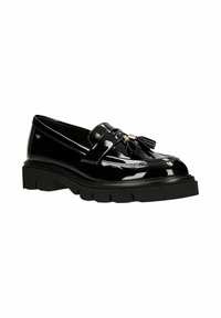 Zwarte lak loafers met een dikke zwarte zool, voorzien van een decoratieve kwast en gouden accenten op de band. Gladde, glanzende afwerking.