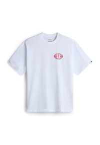 Bílý bavlněný tričko s červeným oválným logem "VANS" na levé části hrudi. Krátké rukávy a kulatý výstřih. Měkká, hladká textura.