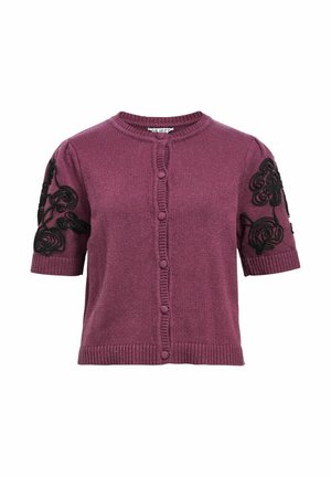 Cardigan prugna a maniche corte con bottoni rotondi sul davanti e ricamo floreale nero sulle maniche, orli e scollatura a coste.