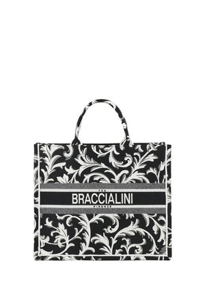 Borsa tote nera con motivi floreali bianchi, doppi manici e logo "BRACCIALINI FIRENZE" al centro davanti.