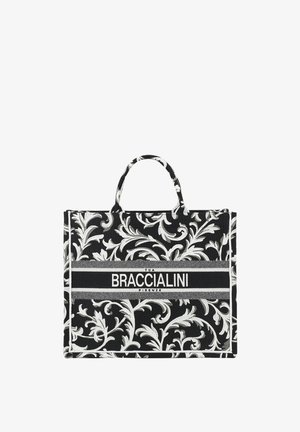 Borsa tote nera con motivi floreali bianchi, doppi manici e logo "BRACCIALINI FIRENZE" al centro davanti.