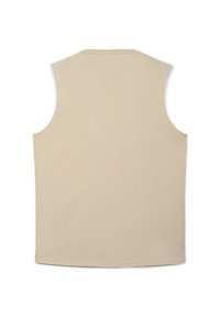 Top beige senza maniche realizzato in tessuto morbido. Presenta un collo rotondo e un orlo diritto, senza motivi o accessori visibili.