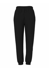 Czarne spodnie dresowe z elastyczną talią, zwężanymi mankietami, gładką fakturą i prostym designem, odpowiednie na co dzień lub do relaksu.
